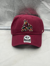 Load image into Gallery viewer, Arizona Coyotes NHL '47 Brand Throwback Red Clean Up Adjustable Strapback Hat displayed on a white background, showcasing the classic vintage design and iconic team logo.
