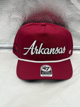 Load image into Gallery viewer, Arkansas Razorbacks NCAA '47 Brand Red Hitch Rope Script Adjustable Snapback Hat featuring a classic design, ideal for fans and supporters of Arkansas Razorbacks.