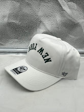 Load image into Gallery viewer, New York Jets NFL '47 Brand White Reversed Script Hitch Snapback Adjustable Hat front view showcasing unique reversed script design and vibrant green accents.
