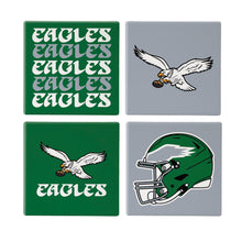 Load image into Gallery viewer, Philadelphia Eagles Coasters showcasing iconic team logos, included in the NFL Throwback Set of 4 Ceramic Coasters from Evergreen Enterprises.