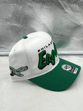 Load image into Gallery viewer, Top view of Philadelphia Eagles NFL '47 Throwback White Script Hitch Snapback Adjustable Hat highlighting the snapback closure for adjustable fit.