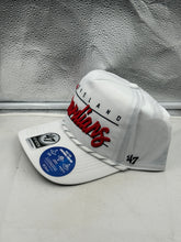 Load image into Gallery viewer, Cleveland Guardians MLB '47 Brand White Script Hitch Rope Adjustable Snapback Hat - Comfortable Cleveland Guardians hat with adjustable strap.