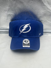 Load image into Gallery viewer, Tampa Bay Lightning NHL '47 Brand Blue Clean Up Adjustable Strapback Hat displayed on a white background showing the vibrant blue color and team logo.