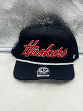 Load image into Gallery viewer, Nebraska Cornhuskers NCAA '47 Brand Black Script Hitch Adjustable Snapback Hat showcasing the stylish black color and adjustable fit.