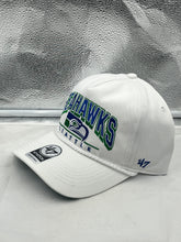 Load image into Gallery viewer, Seattle Seahawks NFL '47 Brand Throwback White Hitch Snapback Adjustable Hat displaying the iconic Seahawks logo and vibrant team colors.