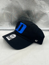 Load image into Gallery viewer, Duke Blue Devils NCAA '47 Brand Black Clean Up Adjustable Strapback Hat displayed on a neutral background, showcasing the prominent team logo.