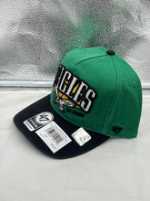 Load image into Gallery viewer, Close-up of the Philadelphia Eagles NFL '47 Throwback Green TT Hitch Snapback Adjustable Hat highlighting the team's iconic logo and detail of the adjustable snapback closure.