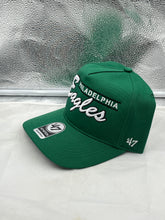 Load image into Gallery viewer, Close-up view of the Philadelphia Eagles NFL '47 Throwback Green Hitch Script Snapback Adjustable Hat highlighting the adjustable snapback strap and quality fabric design.
