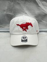 Load image into Gallery viewer, SMU Mustangs NCAA '47 Brand White Clean Up Adjustable Strapback Hat showcasing the embroidered SMU logo against a clean white background, ideal for game days and casual outings.