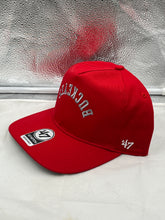 Load image into Gallery viewer, Close-up view of Ohio State Buckeyes NCAA '47 Red Reversed Hitch Script Adjustable Snapback Hat displaying the high-quality materials and adjustable snapback closure.