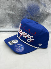 Load image into Gallery viewer, Texas Rangers MLB '47 Brand Blue Script Hitch Rope Adjustable Snapback Hat side view highlighting the adjustable snapback closure.