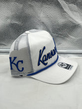 Load image into Gallery viewer, Kansas City Royals MLB '47 Brand White Script Hitch Mesh Adjustable Snapback Hat worn by a fan at a baseball game.
