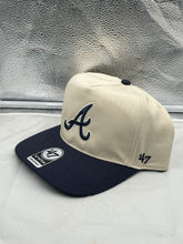 Load image into Gallery viewer, Close-up view of the Atlanta Braves MLB '47 Brand Natural TT Hitch Adjustable Snapback Hat, showcasing the iconic Braves logo and quality craftsmanship.