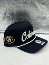 Load image into Gallery viewer, Close-up view of the Colorado Buffaloes NCAA '47 Brand Black Script Hitch Adjustable Snapback Hat highlighting the vintage script font and high-quality fabric.