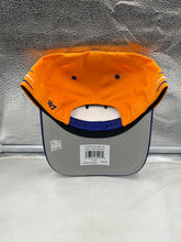Load image into Gallery viewer, Close-up of New York Knicks NBA '47 Brand Orange Diamond Hitch Adjustable Snapback Hat showcasing the diamond logo and brand details.