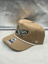 Load image into Gallery viewer, Philadelphia Eagles NFL '47 Throwback Khaki Rope Hitch Snapback Adjustable Hat displayed on a white background featuring the embroidered Eagles logo.