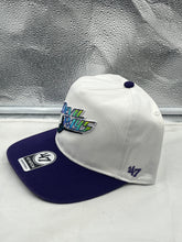 Load image into Gallery viewer, Close-up view of the Tampa Bay Rays MLB '47 Throwback White TT Script Hitch Adjustable Snapback Hat emphasizing the stylish TT script logo.