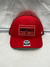 Load image into Gallery viewer, Louisville Cardinals NCAA '47 Brand Red Trucker Mesh Adjustable Snapback Hat showcasing its bold red color and iconic logo upfront.