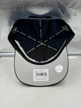 Load image into Gallery viewer, Atlanta Braves MLB '47 Brand Navy Hitch Adjustable Snapback Hat - Close-Up of Material and Stitched Logo, emphasizing the quality of the Atlanta Braves hat.
