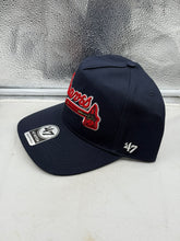 Load image into Gallery viewer, Atlanta Braves MLB '47 Brand Navy Hitch Adjustable Snapback Hat - Side View, highlighting the adjustable snapback feature of the Atlanta Braves hat.