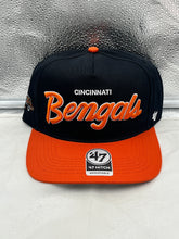 Load image into Gallery viewer, Cincinnati Bengals NFL '47 Throwback Black Script Hitch Snapback Adjustable Hat showcasing retro design and high-quality materials, perfect for fans of the Bengals.