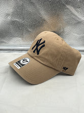 Load image into Gallery viewer, Close-up view of the New York Yankees MLB '47 Brand Khaki Clean Up Adjustable Strapback Hat showing the adjustable strap back feature for comfort and style.