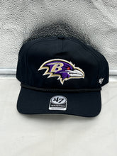 Load image into Gallery viewer, Baltimore Ravens NFL '47 Brand Black Rope Hitch Snapback Adjustable Hat displaying dynamic design and comfortable fit, perfect for fans of the Baltimore Ravens hat.