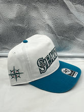 Load image into Gallery viewer, Seattle Mariners MLB '47 Throwback White TT Script Hitch Adjustable Snapback Hat displayed against a plain background, showcasing the iconic Mariners script logo and adjustable snapback feature.