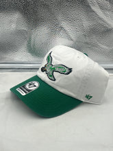 Load image into Gallery viewer, Side view of the 47 Philadelphia Eagles NFL Throwback White Two Tone Adjustable Hat - Classic Clean Up Style, highlighting the team logo and adjustable strap, perfect for fans.
