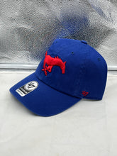 Load image into Gallery viewer, Close-up view of the SMU Mustangs NCAA '47 Brand Blue Clean Up Adjustable Strapback Hat showcasing the iconic team logo and quality material.
