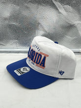 Load image into Gallery viewer, Close-up view of the Florida Gators NCAA '47 Brand White Two Tone Script Rope Hitch Adjustable Hat showcasing the adjustable strap and rope hitch detail.