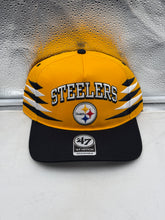 Load image into Gallery viewer, Pittsburgh Steelers NFL '47 Brand Yellow Diamond Hitch Snapback Adjustable Hat displayed at a stylish angle, featuring a yellow diamond pattern and the iconic Steelers logo, perfect for fans looking to showcase their team spirit.