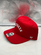 Load image into Gallery viewer, Close-up of Nebraska Cornhuskers NCAA '47 Red Reversed Hitch Script Adjustable Snapback Hat showcasing the iconic reversed hitch script logo.
