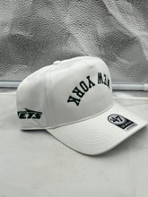 Load image into Gallery viewer, Side angle of the New York Jets NFL '47 Brand White Reversed Script Hitch Snapback Adjustable Hat displaying high-quality material and breathable fabric.