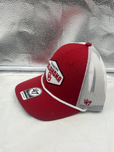Load image into Gallery viewer, Oklahoma Sooners NCAA '47 Brand Red Mesh Trucker Rope Adjustable Snapback Hat featuring breathable mesh back for comfort and unique rope detail.