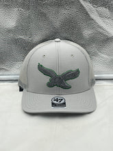 Load image into Gallery viewer, Philadelphia Eagles NFL '47 Brand Throwback Gray Trucker Adjustable Hat displayed on a white background showcasing the breathable mesh back design.