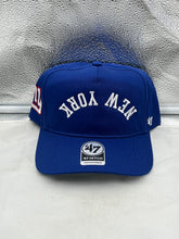 Load image into Gallery viewer, New York Giants NFL '47 Brand Blue Reversed Script Hitch Snapback Adjustable Hat showcasing a vibrant blue color and unique reversed script design, perfect for fans to display their team pride.