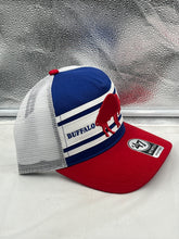 Load image into Gallery viewer, Buffalo Bills NFL '47 Brand Throwback Hitch Mesh Snapback Adjustable Hat worn by a fan at a sporting event, displaying team pride.