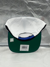 Load image into Gallery viewer, Close-up view of New York Knicks NBA '47 Brand White TT Script Hitch Adjustable Snapback Hat with iconic logo.