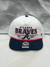 Load image into Gallery viewer, Atlanta Braves MLB '47 Brand White Two Tone Hitch Rope Adjustable Snapback Hat showing frontal view with stylish two-tone design and rope detail.
