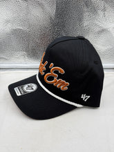 Load image into Gallery viewer, Side view of the Texas Longhorns NCAA '47 Brand Script Black Rope Hitch Adjustable Snapback Hat demonstrating its adjustable fit and trendy rope detail.