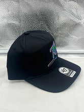 Load image into Gallery viewer, Side view of the Tampa Bay Rays MLB '47 Brand Throwback Black Hitch Adjustable Snapback Hat showcasing its adjustable snapback feature.