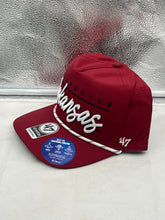 Load image into Gallery viewer, Close-up of the Arkansas Razorbacks NCAA '47 Brand Red Hitch Rope Adjustable Snapback Hat featuring iconic team logo and trendy rope detailing for stylish game day wear.