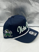 Load image into Gallery viewer, Side view of the Notre Dame Fighting Irish NCAA '47 Navy Script Hitch Adjustable Snapback Hat illustrating its quality materials and structure.