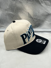 Load image into Gallery viewer, Carolina Panthers NFL '47 Natural Two Tone Script Hitch Snapback Adjustable Hat worn by fan at the stadium, perfect for game day.