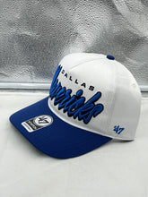 Load image into Gallery viewer, Dallas Mavericks NBA '47 Brand White Script Hitch Snapback Adjustable Hat showcased on a mannequin, highlighting the adjustable snapback design and clean white color.