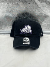 Load image into Gallery viewer, TCU Horned Frogs NCAA '47 Brand Black Clean Up Adjustable Strapback Hat displayed on a neutral background.