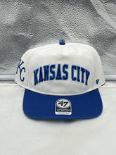 Load image into Gallery viewer, Kansas City Royals MLB '47 Brand White TT Script Hitch Adjustable Snapback Hat displayed on a mannequin showcasing the front view with the iconic Royals logo.
