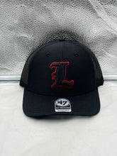 Load image into Gallery viewer, Louisville Cardinals NCAA '47 Brand Black Trucker Mesh Adjustable Snapback Hat displayed from the front showing the iconic logo and stylish design.