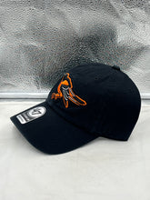 Load image into Gallery viewer, Side view of Baltimore Orioles MLB '47 Brand Throwback Black Clean Up Adjustable Hat showcasing its adjustable strap and relaxed fit.